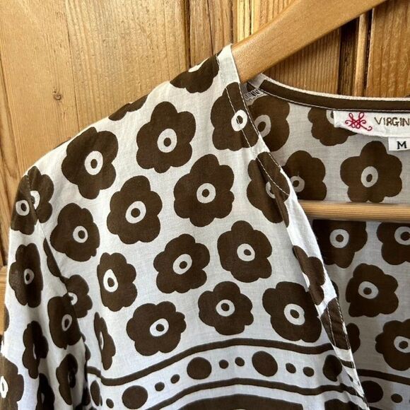 Virginia Witbeck Medium‎ Brown White Blouse V-Neck Floral Geometric - Picture 4 of 10